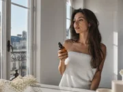 Novara Paris : avis et test sur le shampoing colorant Une femme tient un flacon dans sa salle de bain pour un shampoing colorant Novara Paris avis.