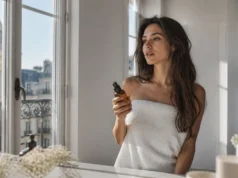 Novara Paris : avis et test sur le shampoing colorant Une femme tient un flacon dans sa salle de bain pour un shampoing colorant Novara Paris avis.