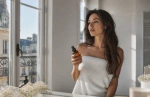 Novara Paris : avis et test sur le shampoing colorant Une femme tient un flacon dans sa salle de bain pour un shampoing colorant Novara Paris avis.