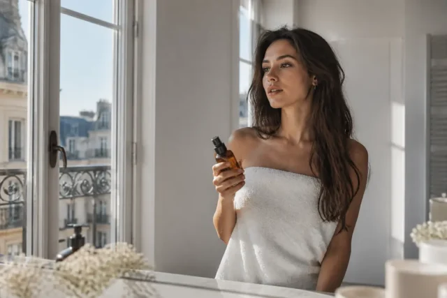 Novara Paris : avis et test sur le shampoing colorant Une femme tient un flacon dans sa salle de bain pour un shampoing colorant Novara Paris avis.