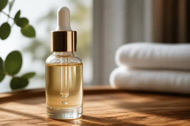 Flacon de sérum cosmétique avec pipette posé sur une surface en bois clair