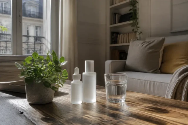 Novexpert : avis clients, Trio-Zinc et vitamine C bouteilles de cosmétiques sur une table en bois avec novexpert avis dans un salon lumineux