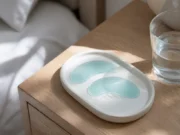 Comparer les patchs anti-cernes en hydrogel et silicone Deux patchs anti cernes en silicone posés sur un plateau en céramique près d'un verre d'eau