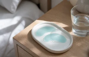 Comparer les patchs anti-cernes en hydrogel et silicone Deux patchs anti cernes en silicone posés sur un plateau en céramique près d'un verre d'eau