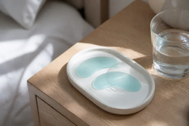 Comparer les patchs anti-cernes en hydrogel et silicone Deux patchs anti cernes en silicone posés sur un plateau en céramique près d'un verre d'eau