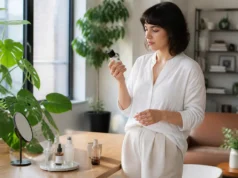 Patyka avis clients ou Que Choisir : qui croire ? Une personne examine un flacon cosmétique près d'une fenêtre pour consulter un patyka avis.