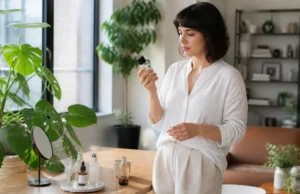 Patyka avis clients ou Que Choisir : qui croire ? Une personne examine un flacon cosmétique près d'une fenêtre pour consulter un patyka avis.