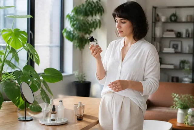 Patyka avis clients ou Que Choisir : qui croire ? Une personne examine un flacon cosmétique près d'une fenêtre pour consulter un patyka avis.
