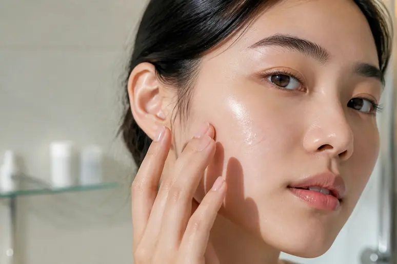 Application d'une essence de soin visage transparente sur une joue propre