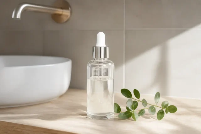 PDRN skincare, l'actif anti-âge en crème ou essence Flacon minimaliste d'essence de pdrn skincare posé sur une coiffeuse en bois clair