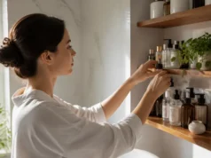 PHYTO cheveux avis: Phytocolor ou Phyto 7? Femme rangeant des produits cosmétiques et capillaires sur une étagère lumineuse, illustrant les phyto cheveux avis.