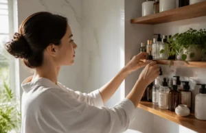 PHYTO cheveux avis: Phytocolor ou Phyto 7? Femme rangeant des produits cosmétiques et capillaires sur une étagère lumineuse, illustrant les phyto cheveux avis.