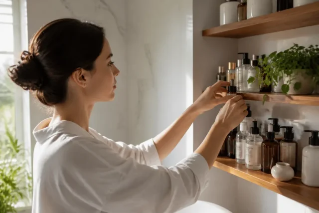 Femme rangeant des produits cosmétiques et capillaires sur une étagère lumineuse, illustrant les phyto cheveux avis.