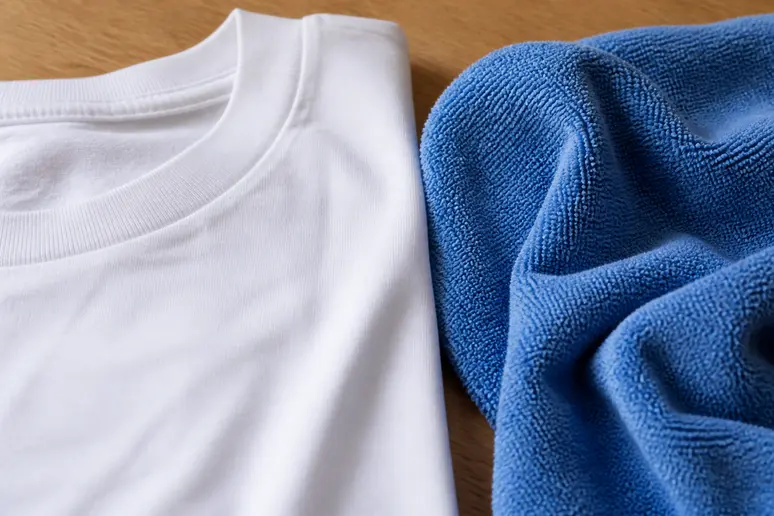 Comparaison de textures entre un t-shirt en coton et une serviette en microfibre pour le plopping