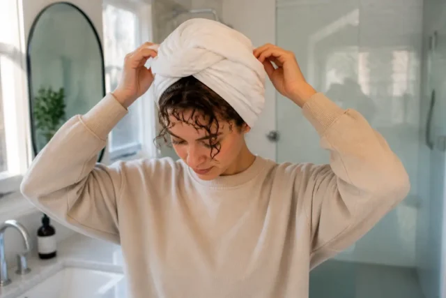 Technique de plopping cheveux avec un tee-shirt en coton dans une salle de bain lumineuse