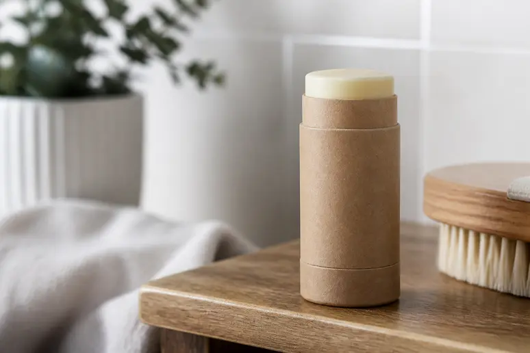 Stick de déodorant minimaliste posé sur une étagère en bois clair dans une salle de bain