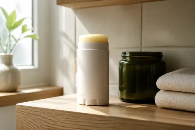 Respire avis: déodorant, composition et SAV Un stick de déodorant naturel sur une étagère en bois avec respire avis et des accessoires de salle de bain