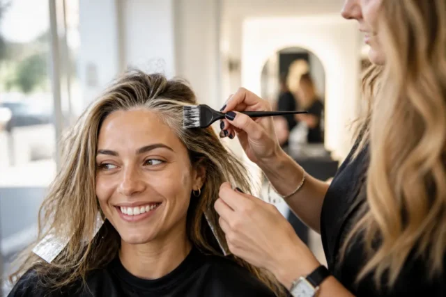 Cliente souriante découvrant sa nouvelle scandi hairline réalisée par un coloriste dans un salon lumineux