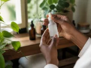 Centella asiatica : notre avis sur l’efficacité anti-rougeurs Flacon de soin cosmétique sur une étagère en bois avec centella asiatica avis efficacité pour le visage