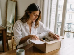 Stylevana avis : que valent la livraison et le SAV ? Cliente ouvrant un colis de cosmétiques reçu chez elle, illustrant un stylevana avis sur la livraison.