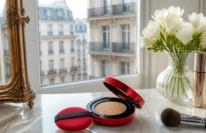 Fond de teint TIRTIR : notre avis sur le Mask Fit Red Tirtir fond de teint avis posé sur une coiffeuse lumineuse avec des pinceaux de maquillage