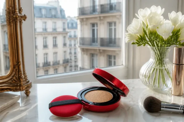 Tirtir fond de teint avis posé sur une coiffeuse lumineuse avec des pinceaux de maquillage