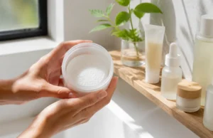 Toner pads coréens : niacinamide, centella, glutathione Un pot ouvert rempli de toner pads posé sur une étagère en bois dans une salle de bain lumineuse