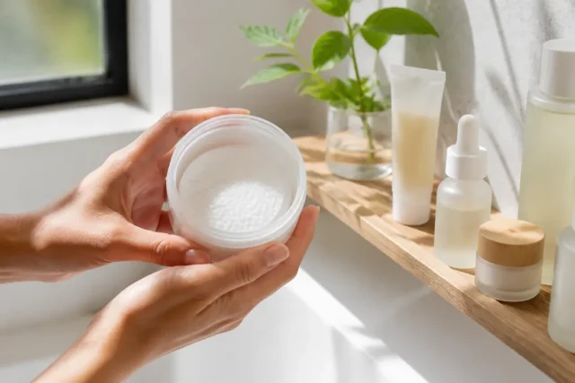 Toner pads coréens : niacinamide, centella, glutathione Un pot ouvert rempli de toner pads posé sur une étagère en bois dans une salle de bain lumineuse