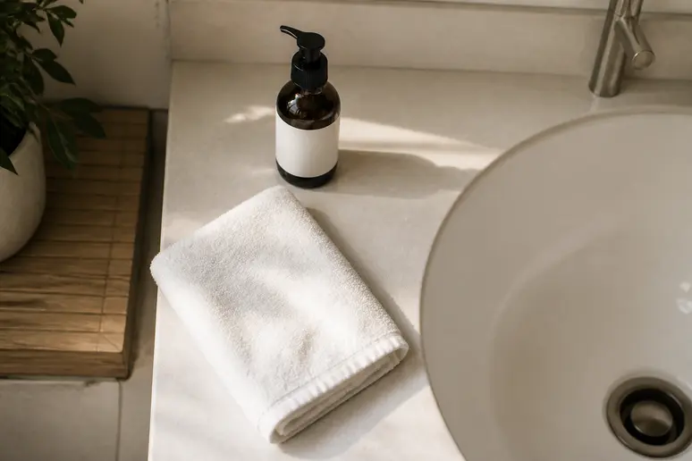 Flacon de soin Topicrem posé sur le bord d'un lavabo lumineux pour une routine minimaliste.