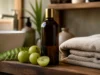 Comment appliquer l’huile d’amla pour stimuler la pousse ? Flacon d'huile végétale et fruits frais sur une étagère en bois pour savoir comment utiliser huile amla pousse cheveux.