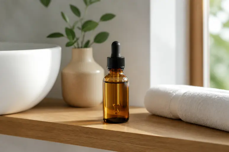 Flacon d'huile cosmétique posé sur une étagère en bois dans une salle de bain lumineuse