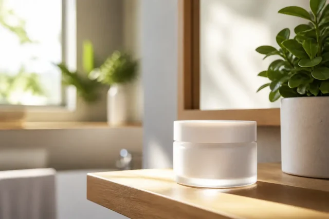 Avis Aureva Magic : soin raffermissant ou simple hydratant ? Pot de cosmétique posé sur une étagère en bois avec Aureva Magic avis