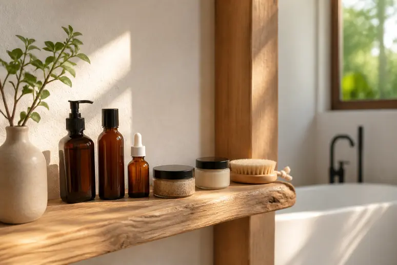 Flacons de soins cosmétiques naturels disposés sur une étagère pour illustrer le budget des produits.
