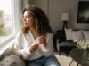 Notre avis sur les soins Cocunat, du Beauty Filler aux boucles Femme aux boucles naturelles tenant un flacon de cocunat soins avis près d'une fenêtre lumineuse