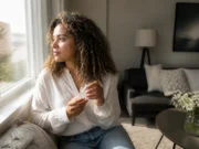 Notre avis sur les soins Cocunat, du Beauty Filler aux boucles Femme aux boucles naturelles tenant un flacon de cocunat soins avis près d'une fenêtre lumineuse