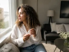 Notre avis sur les soins Cocunat, du Beauty Filler aux boucles Femme aux boucles naturelles tenant un flacon de cocunat soins avis près d'une fenêtre lumineuse