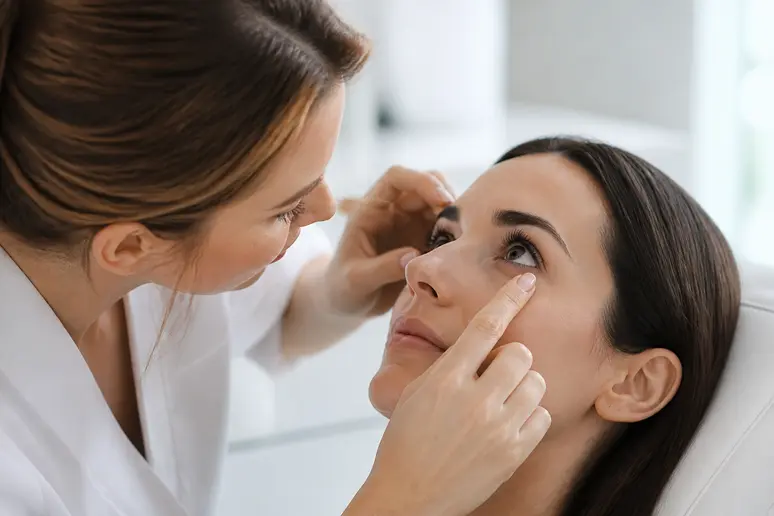 Examen minutieux du contour des yeux en cabinet pour évaluer l'épaisseur cutanée du traitement cernes creux