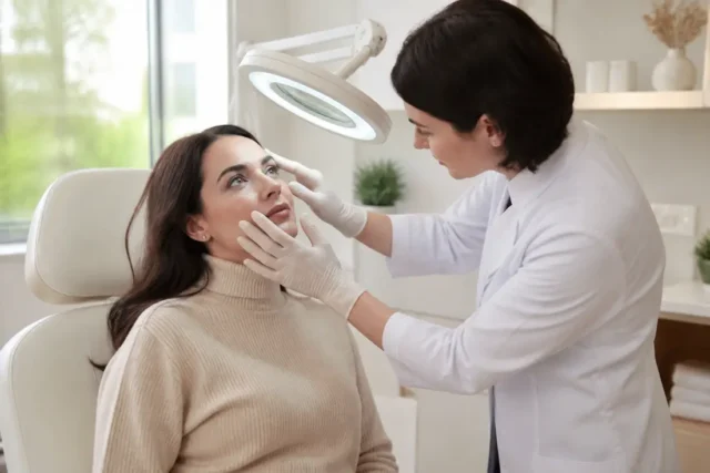 Examen médical du visage en cabinet pour aborder le traitement cernes creux en toute sécurité.
