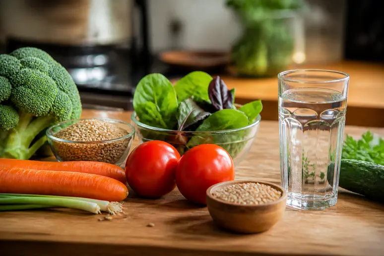 Aliments riches en fibres et verre d'eau pour favoriser un transit naturel
