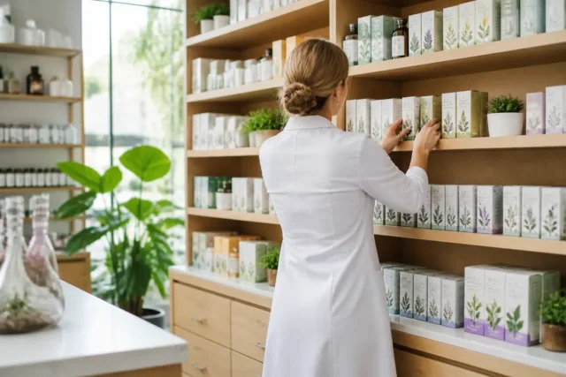Détox du côlon : avis médical et risque pour la flore Un pharmacien organise des produits de phytothérapie dans une officine lumineuse pour illustrer un detox colon avis médical.