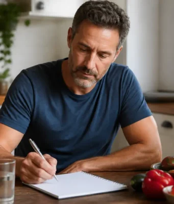 Didier Pol blog minceur : avis et méthode du biologiste Un homme examine des notes de nutrition à sa table de cuisine pour le Didier Pol blog minceur