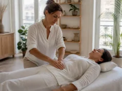 Drainage lymphatique du ventre : eau ou graisse abdominale ? Praticienne effectuant un soin bien-être avec une technique de drainage lymphatique ventre en institut lumineux