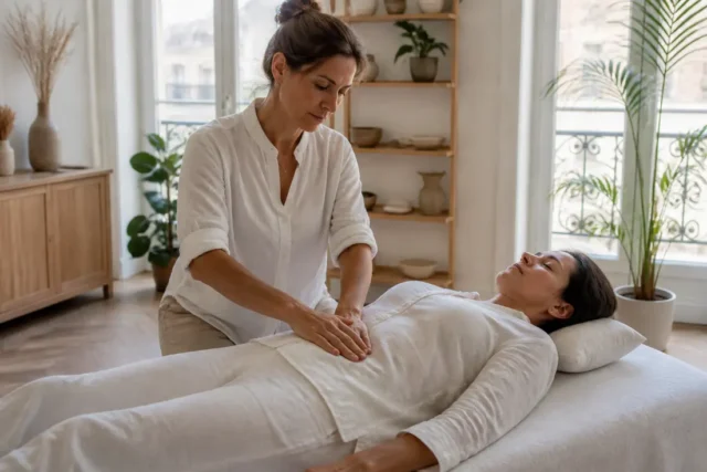 Drainage lymphatique du ventre : eau ou graisse abdominale ? Praticienne effectuant un soin bien-être avec une technique de drainage lymphatique ventre en institut lumineux