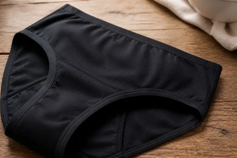 Culotte menstruelle Eve and Co en coton biologique posée sur une table en bois clair