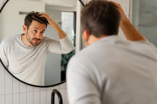 Perte de cheveux aux golfes, du soin suspensif à la greffe Un homme examine attentivement ses golf cheveux devant le miroir d'une salle de bain lumineuse.