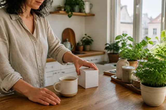 Une boîte de Kijimea avis posée sur un plan de travail dans une cuisine lumineuse.