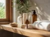 Linaé : faut-il investir dans des soins de 29 à 49 € ? Flacons de cosmétiques minimalistes sur une étagère en bois où Linae faut-il investir