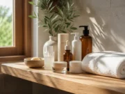 Linaé : faut-il investir dans des soins de 29 à 49 € ? Flacons de cosmétiques minimalistes sur une étagère en bois où Linae faut-il investir