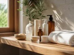Linaé : faut-il investir dans des soins de 29 à 49 € ? Flacons de cosmétiques minimalistes sur une étagère en bois où Linae faut-il investir