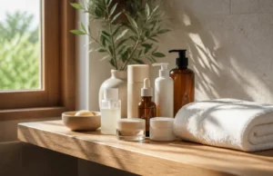 Linaé : faut-il investir dans des soins de 29 à 49 € ? Flacons de cosmétiques minimalistes sur une étagère en bois où Linae faut-il investir